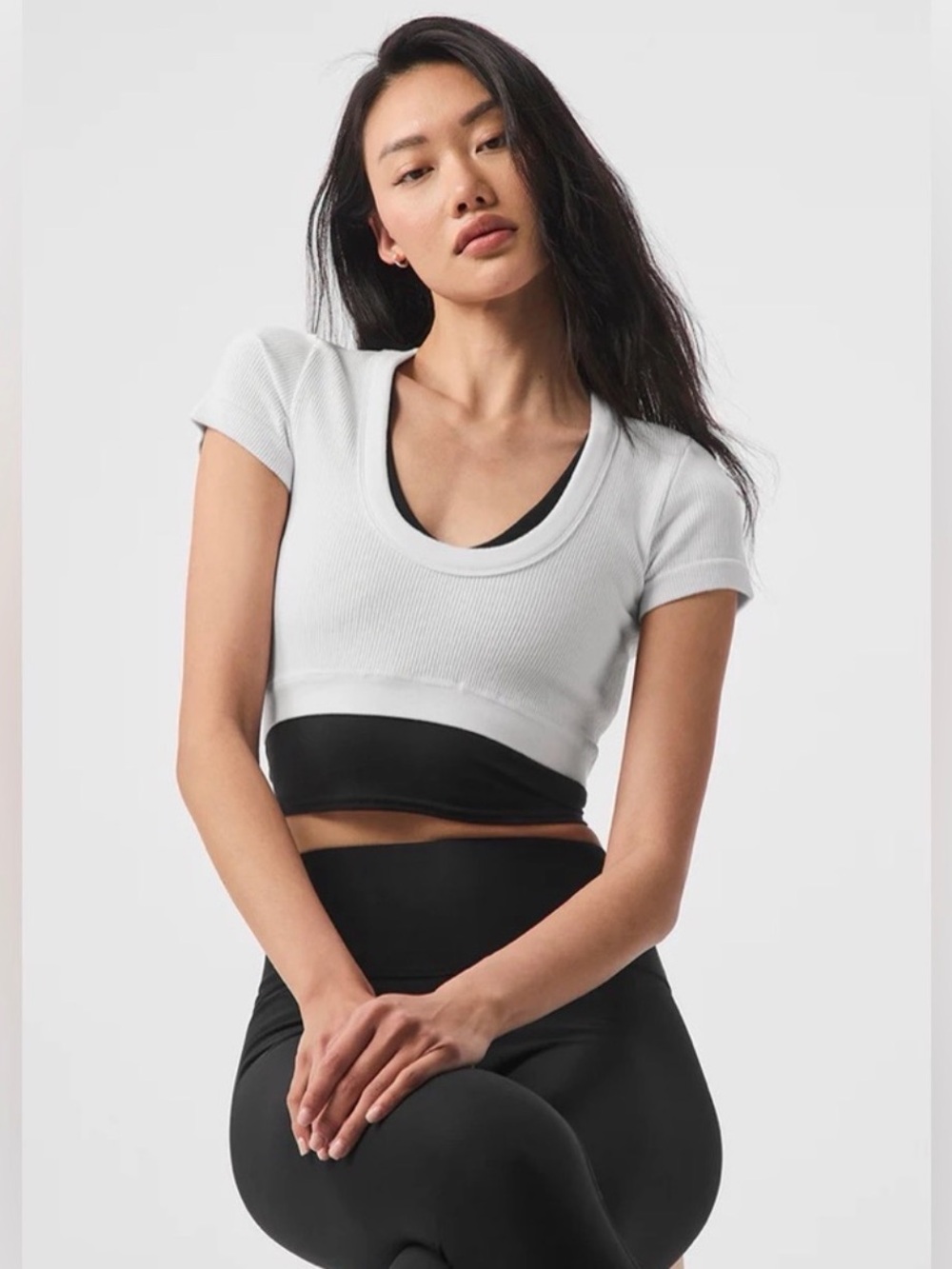 ALO Yoga White Ribbed Scoop Neck Crop Top